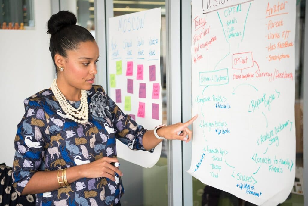 A person in front of large bits of paper pinned to a wall with graphs and post-it notes on them planning out how to make an online course.